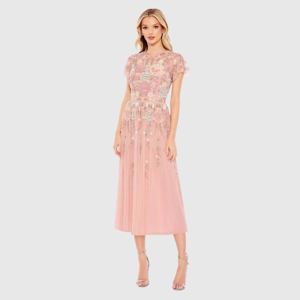MAC DUGGAL Pink Embellished Illusion High Neck Butterfly Sleeve Midi Dress